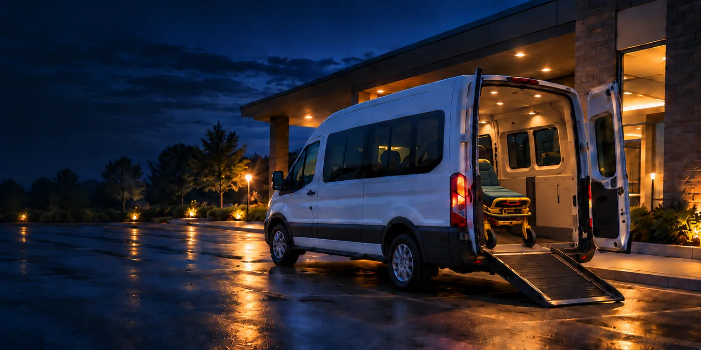 AI-assisted illustration of a white transport vehicle at night, with an empty stretcher inside its open rear cabin and a loading ramp
